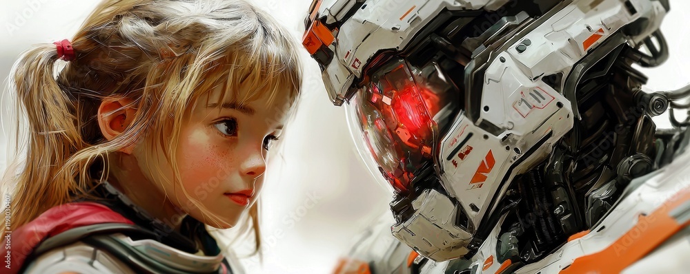 Poster close encounter between a young girl and a futuristic robot in an intense sci-fi setting with vivid 