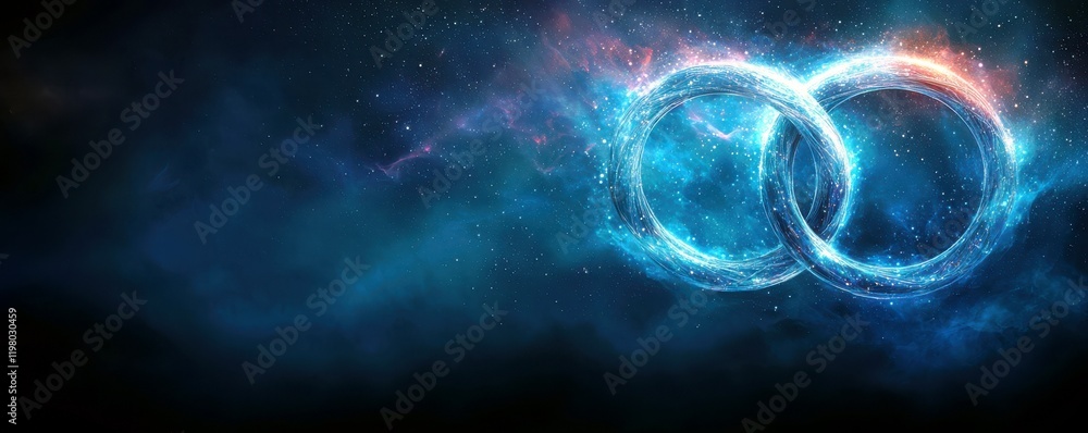 Poster abstract cosmic background with luminous rings representing unity and infinity in a starry space fil