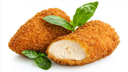 Close-up of a golden crispy chicken nugget with a juicy interior, highlighting texture and deliciousness.
