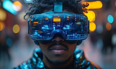 Person wearing a VR headset in a city at night