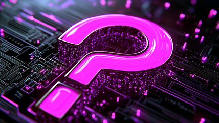 A glowing neon pink question mark surrounded by futuristic digital elements and vibrant light effects.
