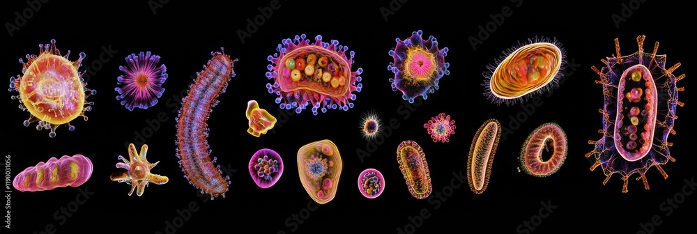Poster evolving sequence of bacteria showcases diversity in shape and form under microscope technology. gen