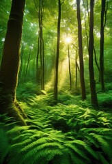 Obraz premium majestic forest canopies bathed dappled sunlight filtering through lush greenery dense foliage, adventure, ambiance, biodiversity, blades, blossoms