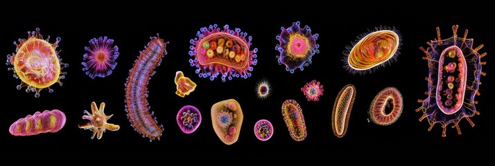 Fototapeta premium Evolving sequence of bacteria showcases diversity in shape and form under microscope technology. Generative AI