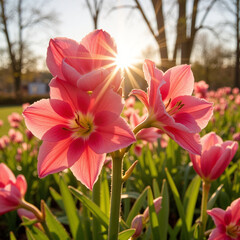Naklejka premium Bright pink flowers with sunlight in a spring garden 