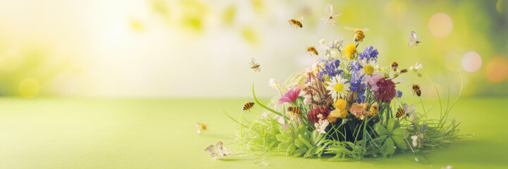 Spring Flowers Bees Butterflies Green Background Nature