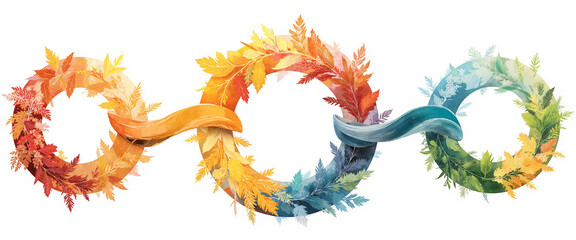 Colorful foliage cycles representing the transition of seasons and natural transformations against a white background