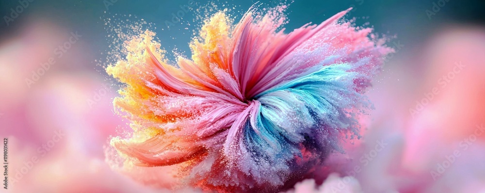Poster vivid color explosion with soft textures creating a dreamlike visual scene in pastel hues and dynami