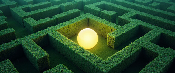 Luminous yellow sphere positioned within a vibrant green maze evokes a sense of mystery and exploration representing an emotional journey through the complexities of nature