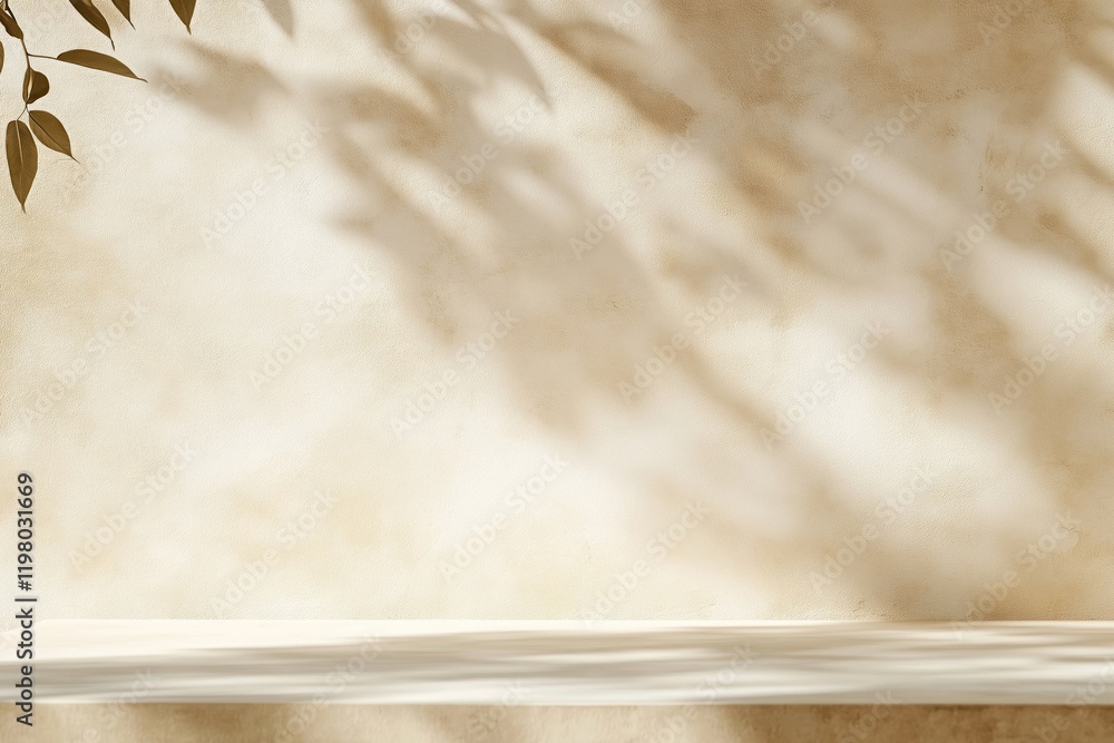 Poster empty table on beige textured wall. leaf shadows add natural touch. mockup perfect for products like