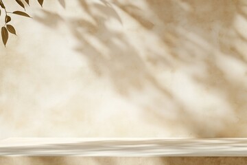 Empty table on beige textured wall. Leaf shadows add natural touch. Mockup perfect for products like books, cosmetics, food jewelry. Modern design with neutral color scheme, subtle shadows. Ideal for