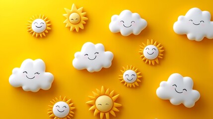 Smiling Suns And Clouds On A Yellow Background, Positive And Optimistic Summer Themed Designs.