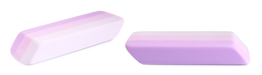 Eraser isolated on white, collage. Different sides