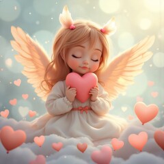 Fototapeta premium Ethereal figure with wings holding a pink heart in a dreamy setting
