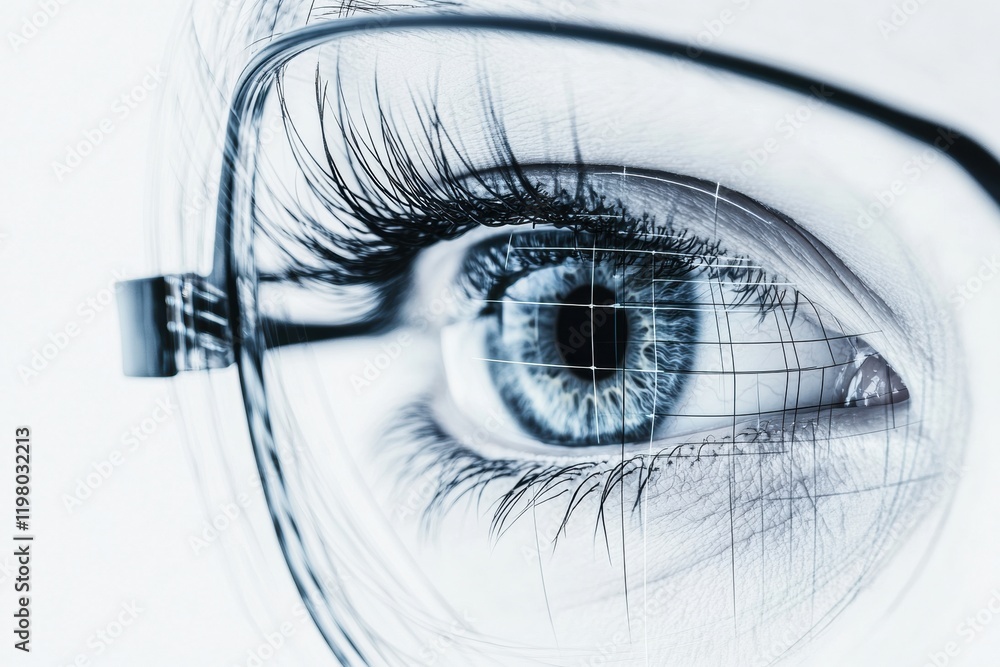 Poster close up view of a human eye with glasses and intricate details in natural light showcasing iris pat