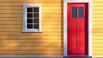 A glossy red front door with a square glass window in the upper corner 
