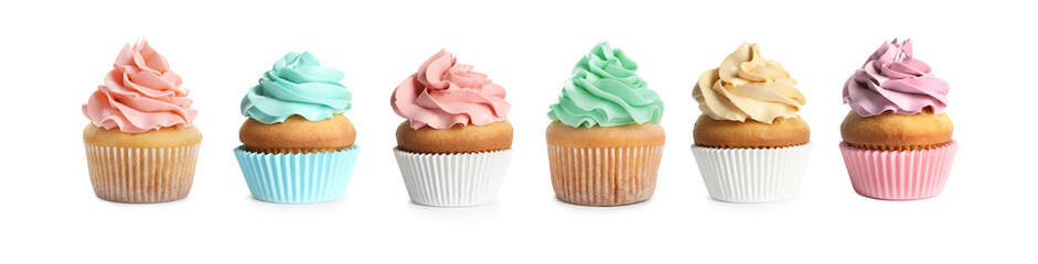 Tasty cupcakes with cream isolated on white, set