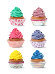 Tasty cupcakes with cream isolated on white, set