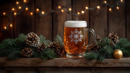 A cozy scene featuring mulled wine amidst pine cones and twinkling lights, evoking warmth and holiday cheer.