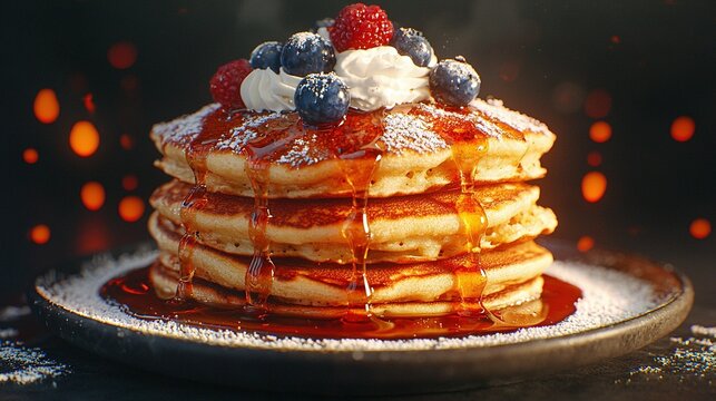   A plate piled high with golden pancakes bathed in syrupy sweetness and crowned with fresh berries and fluffy whipped cream