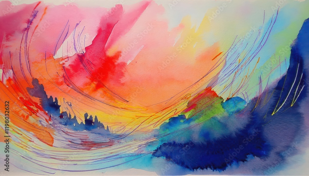 Poster vibrant and expressive watercolor abstraction showcasing a whimsical landscape with colorful texture