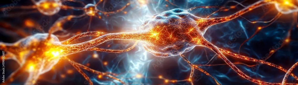 Poster intricate network of neurons with luminous synapses and glowing connections representing neural acti
