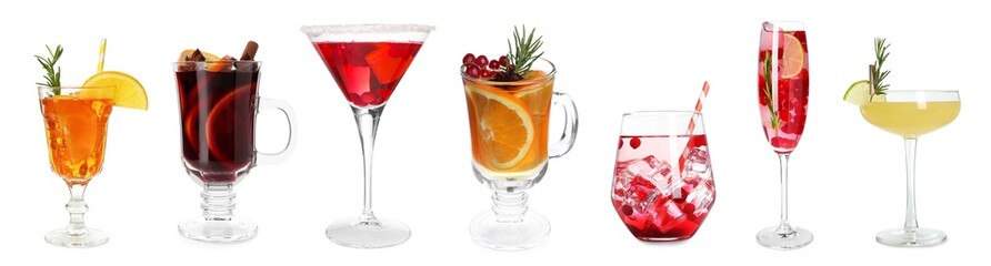 Different Christmas cocktails isolated on white, set
