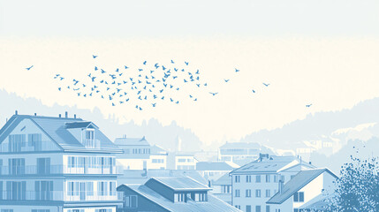 A large flock of birds moves gracefully above a suburban European town in soft light with distant hills creating a peaceful atmosphere  
