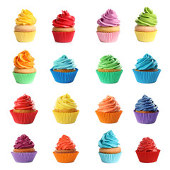 Tasty cupcakes with cream isolated on white, set