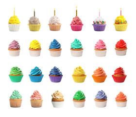 Tasty cupcakes with cream isolated on white, set