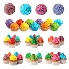 Tasty cupcakes with cream isolated on white, set