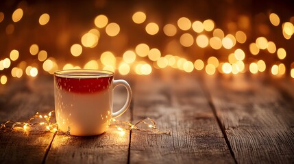 A cozy cup of mulled wine rests on a wooden table, surrounded by warm twinkling lights, evoking a festive, inviting atmosphere.