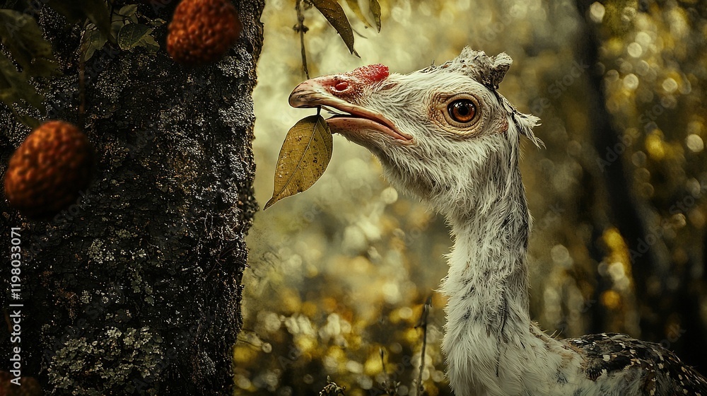 Poster a bird perched on a tree branch holds an orange in its beak against a backdrop of citrus fruits hang