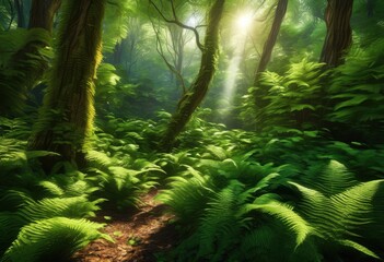Fototapeta premium breathtaking lush forest landscape showcasing vibrant greenery rich textures captured stunning detail, biodiversity, trees, foliage, sunlight, shadows