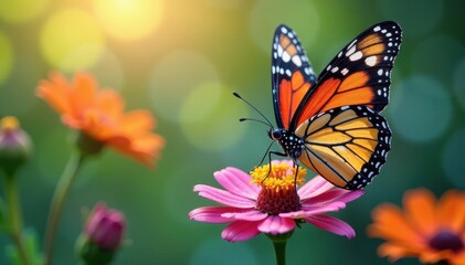 Colorful butterfly on a spring flower, with dew and light background , petals, delicate, blossoms