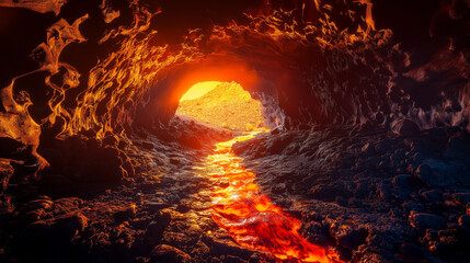 A lava cave with molten streams and fiery red and orange patterns on the rugged walls