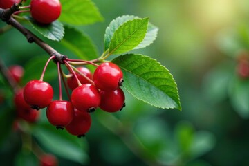 Curly cherry branch adorned with bright red berries and lush green foliage, cherry tree, greenery, shrubs