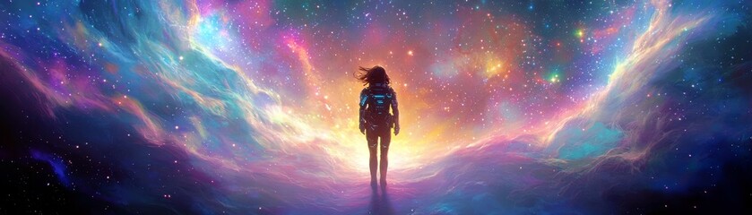 Obraz premium A Mystical Figure Standing in a Cosmic Landscape Surrounded by Vibrant Colors and Stars in a Dreamlike Universe