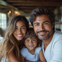 Fototapeta premium Happy family portrait featuring a joyful couple and their smiling child, radiating warmth and love in a cozy home environment