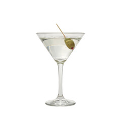 Clear martini with olive on white backdrop