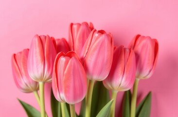 Fototapeta premium Pink tulips on a pink background. Spring flowers. Spring card. Postcard for Women's Day and Mother's Day.