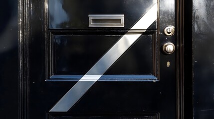 A glossy black front door with a single diagonal stripe of polished chrome 