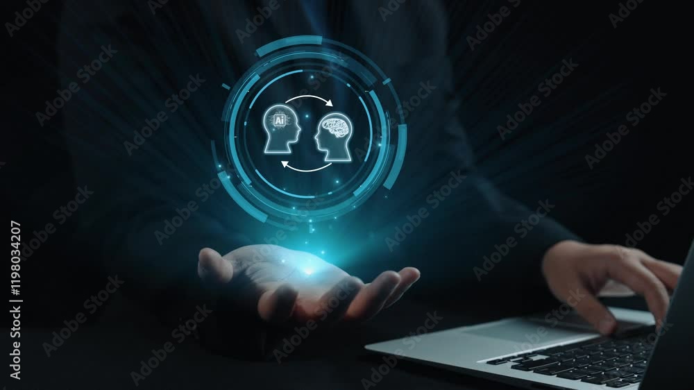Poster human interact with ai artificial intelligence brain processor in concept of ai artificial intellige