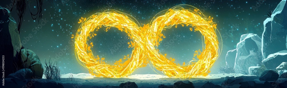 Poster ethereal infinity symbol with luminescent vines glowing in a mystical forest setting under a starry 
