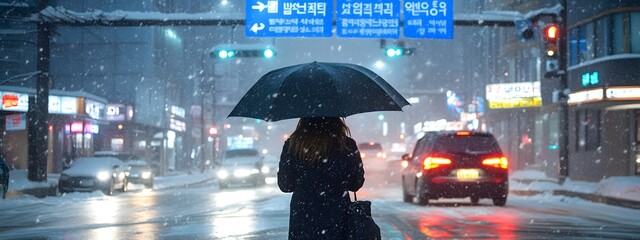 Obraz premium Person walking in snowy city street at night 