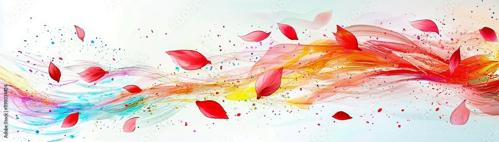 Poster flowing colors and petals in bright abstract design with soft textures and dynamic movement on a lig