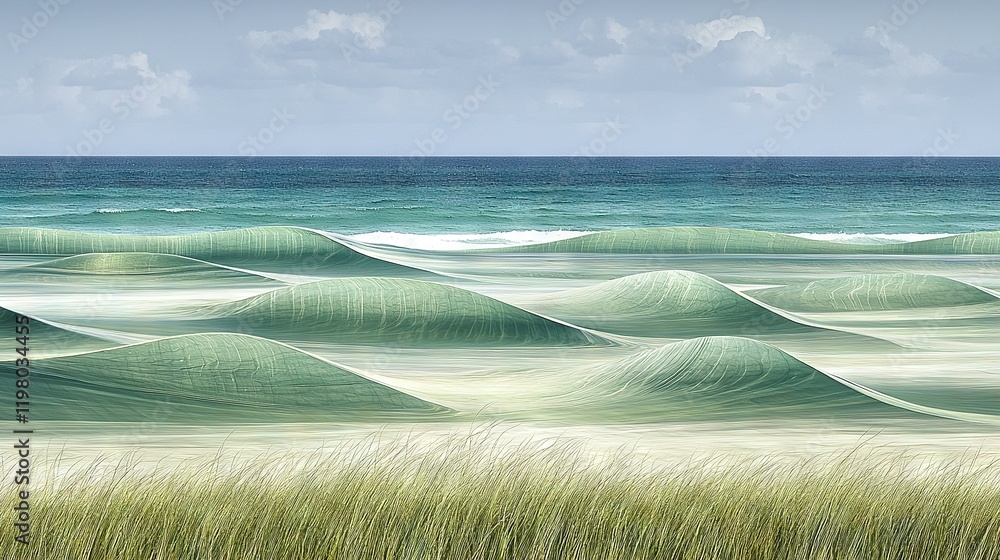 Poster a painting of waves in the ocean with grass in the foreground and a clear blue sky with fluffy cloud