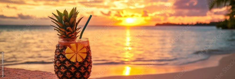 Poster Enjoying a refreshing pineapple drink by the beach at sunset while soaking in the serene atmosphere of nature. Generative AI