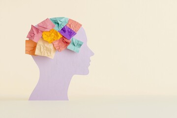 Illustration shows head silhouette with crumpled colorful papers representing overload, stress in mind. Mental health issues as anxiety, depression visualized through messy papers. Person in state of