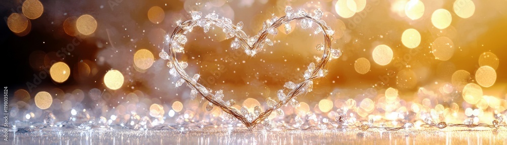 Poster glowing heart shape made of fairy lights on a shimmering surface with soft bokeh in warm tones creat